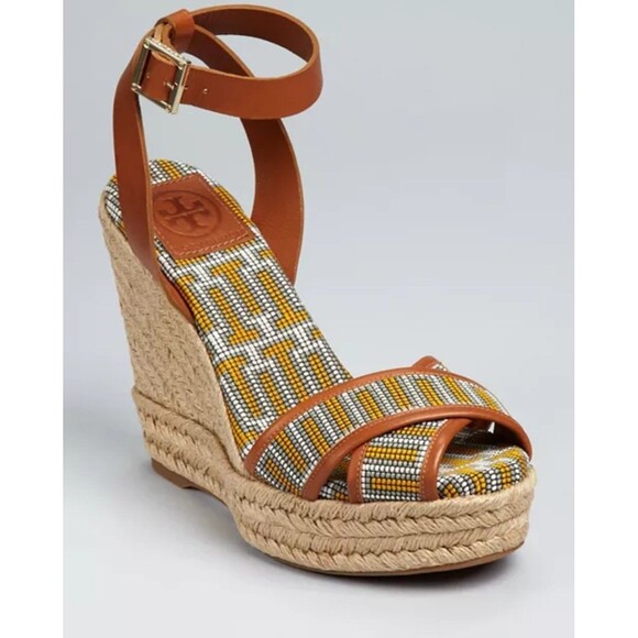 TORY BURCH 10 Florian Criss Cross Wedge Ankle Strap Platform Sandal Espadrille - Picture 1 of 14